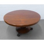 Mahogany pedestal breakfast table, with tilt top and scroll feet, 131 x 72cm.