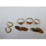9ct gold cufflinks, 9ct gold hoop earrings and three 9ct gold signet rings (5) approx. 10.5g