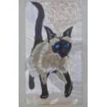 Mid Century wool work collage of a Siamese cat, framed under glass, size overall 40 x 52cm