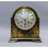 Chinoiserie mantle clock, silvered dial with Roman numerals and retailed by Brook & Son,