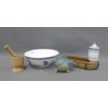 Vintage kitchenalia to include a Poivre enamel pot and cover, French blue and white poetry bowl,