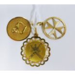 18ct gold Maltese Cross pendant and two yellow metal pendants to include a bull pendant and