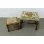 Two footstools, one with mahogany frame the other with oak and both with tapestry upholstered