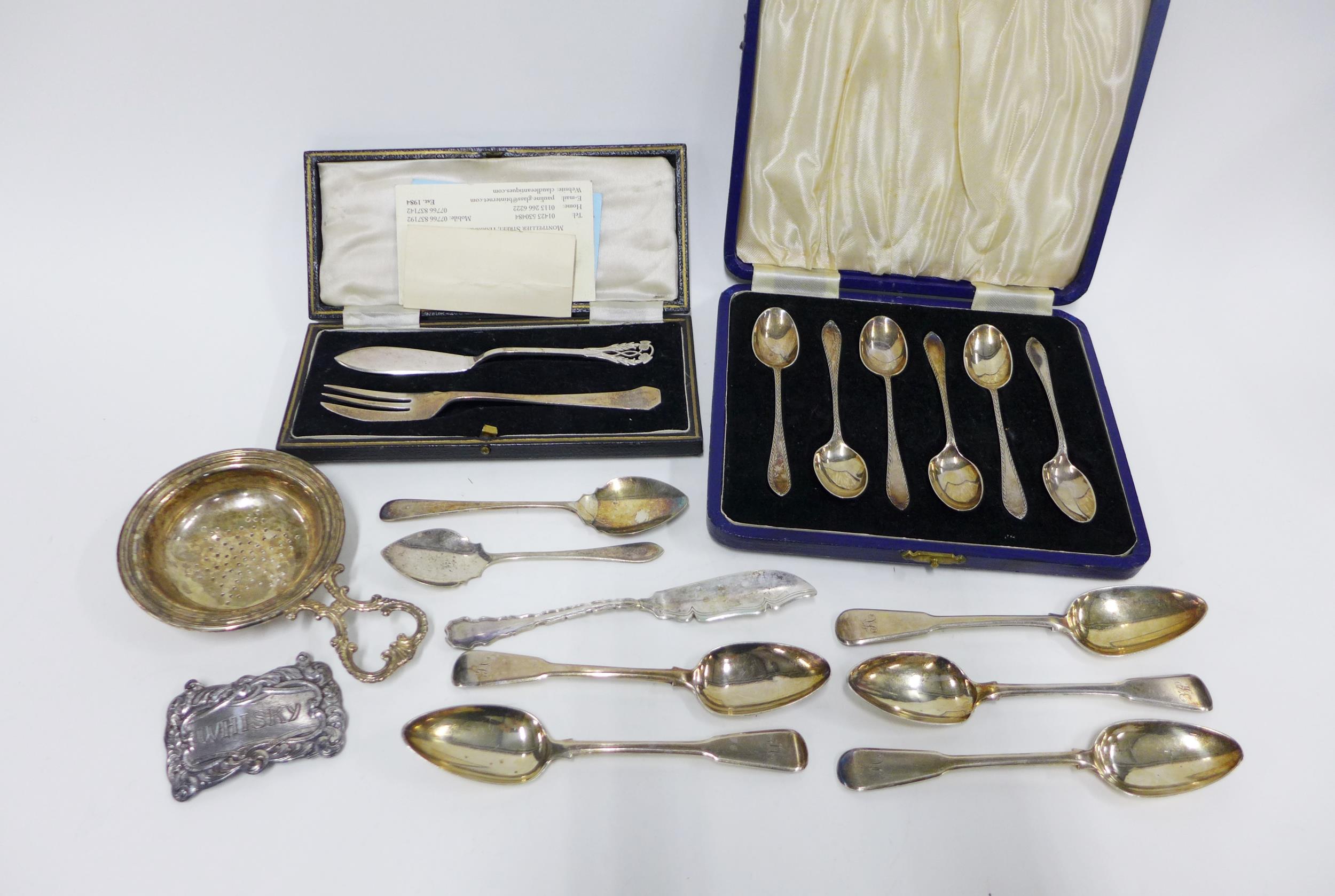 Cased set of six Sheffield silver teaspoons, five Georgian silver teaspoons, Epns spoons, tea