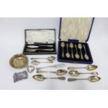 Cased set of six Sheffield silver teaspoons, five Georgian silver teaspoons, Epns spoons, tea