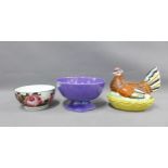 20th century hen on nest, 25cm, cabbage rose pattern bowl (a/f) and a purple lustre pedestal