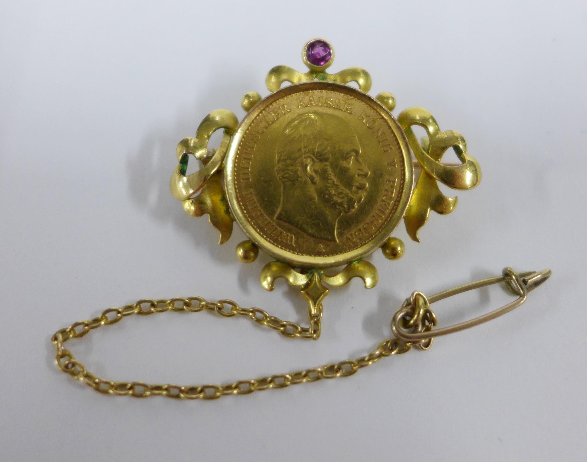German 5 marks gold coin brooch, 1877