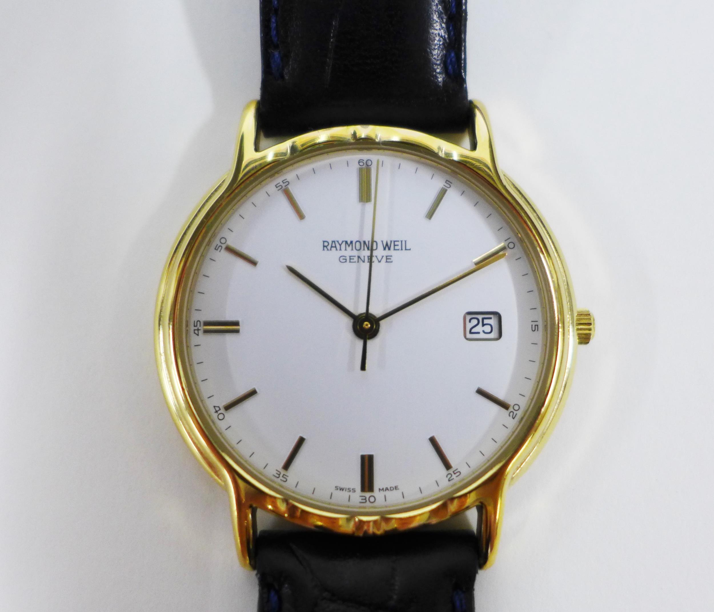 Raymond Weil gold plated wristwatch, circular enamel dial with hour batons and date aperture, on a - Image 2 of 5
