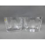 A pair of Hadeland Norwegian clear glass vases etched with Galleon boat pattern, 12 x 16cm (2)