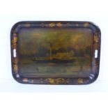 Georgian toleware tray, with Waverley Paddle Steamer on the Clyde, within a gilt painted leaf