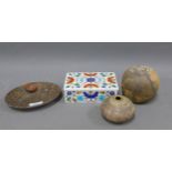 Vietnamese stoneware pot, ammonite hardstone dish and an Indian hardstone inlaid box and cover, 16cm