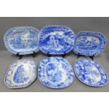 19th century Staffordshire blue and white transfer printed pottery serving dishes and ashets to