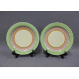A pair of Clarice Cliff Bizarre ribbed plates, printed factory marks, 22cm diameter (2)