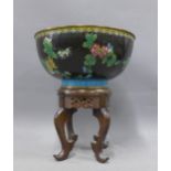 Cloisonné bowl and stylised hardwood stand, 26cm diameter