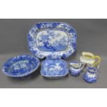 19th century Staffordshire blue and white transfer printed pottery to include a square bowl,