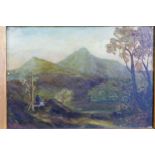 British School, a mountain landscape oil on board, signed indistinctly, framed, 23 x 16cm