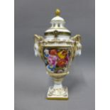 Continental porcelain jar and cover, painted with floral pattern, with rams head handles and
