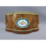 French kingwood planter of quatrefoil form, with brass mounts and Sevres style plaque, detachable
