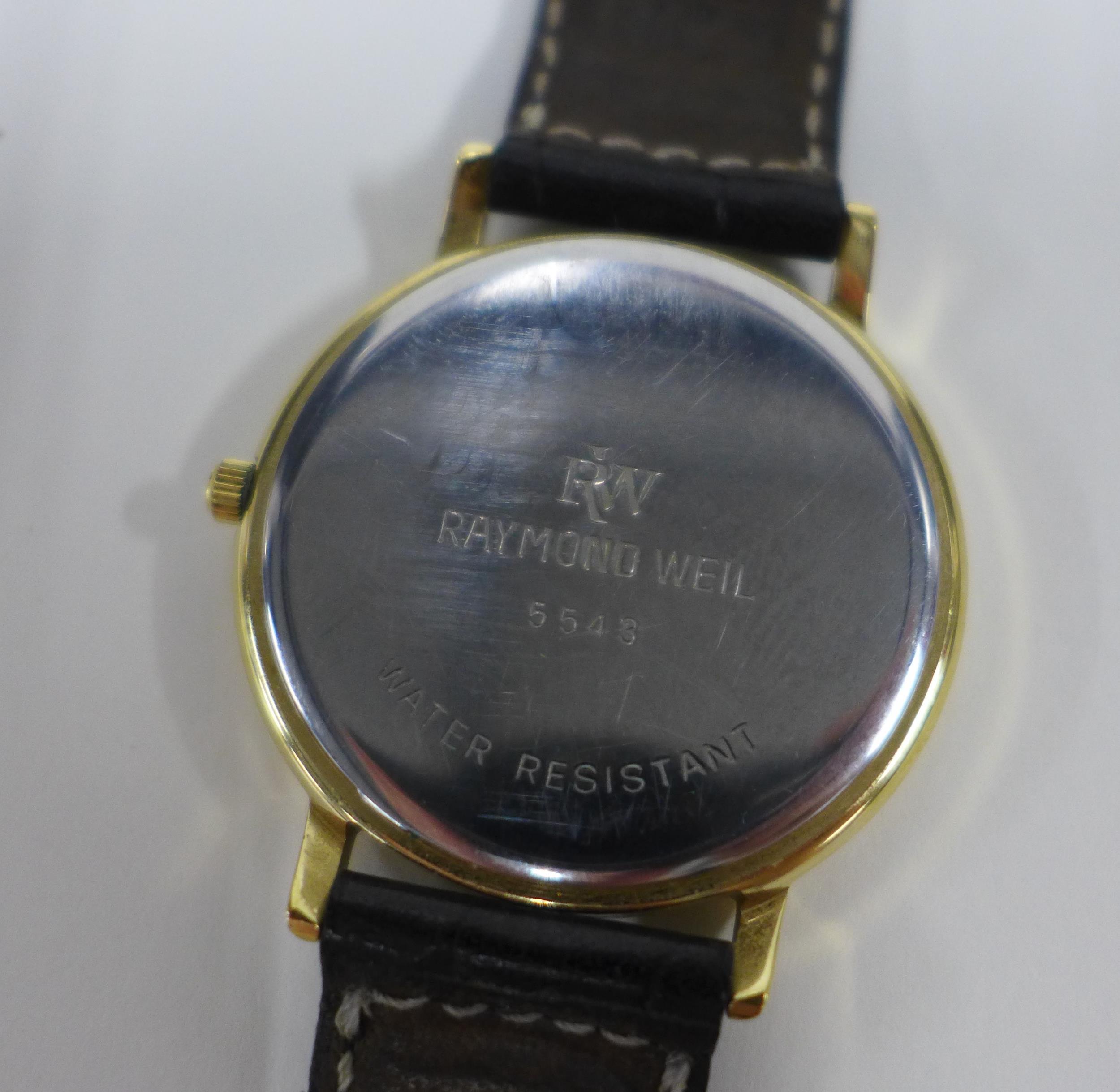 Raymond Weil gold plated wristwatch, circular enamel dial with hour batons and date aperture, on a - Image 3 of 5