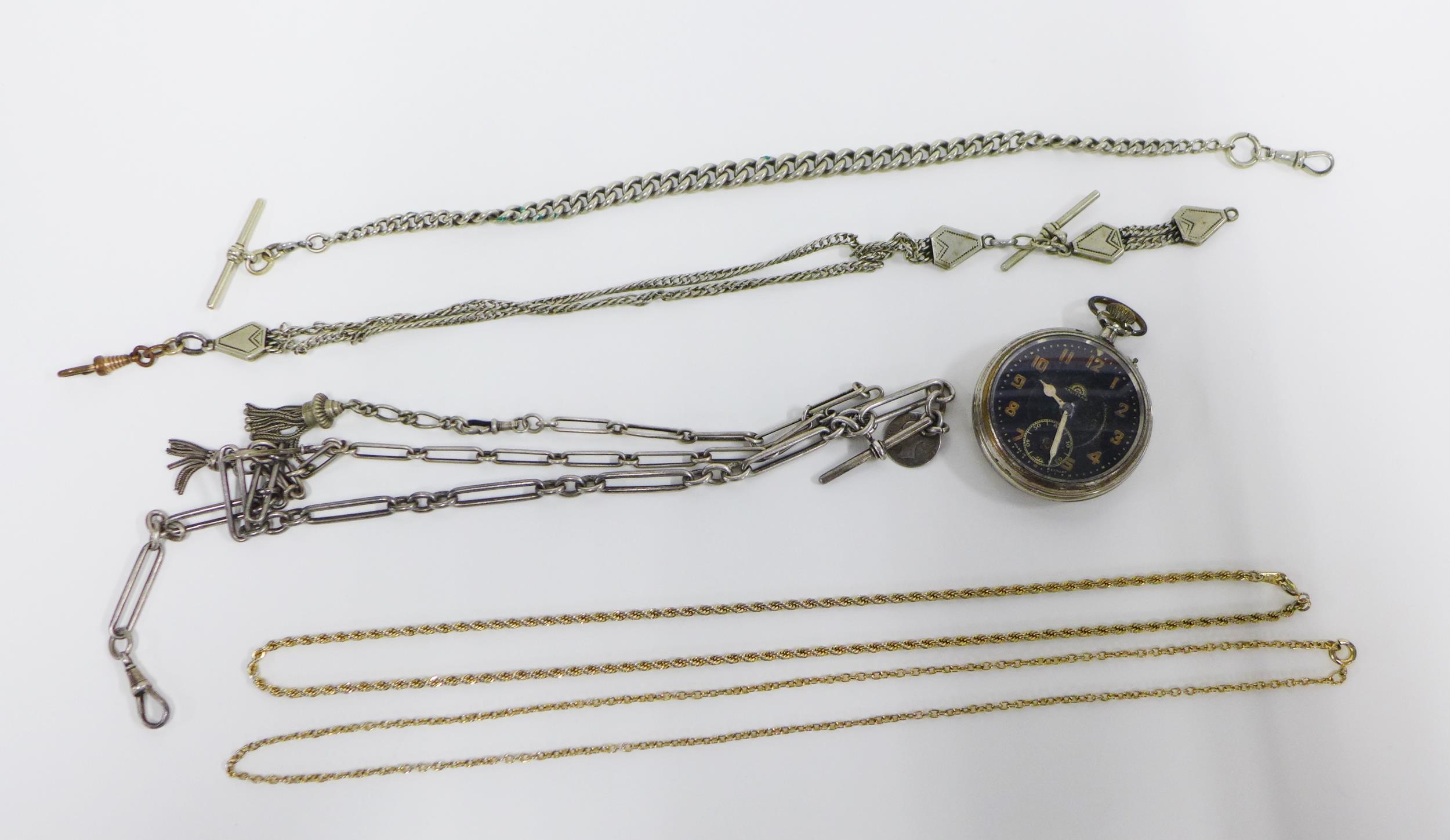 Haller AG pocket watch, silver watch chain, two others and two yellow metal chain necklaces (6)