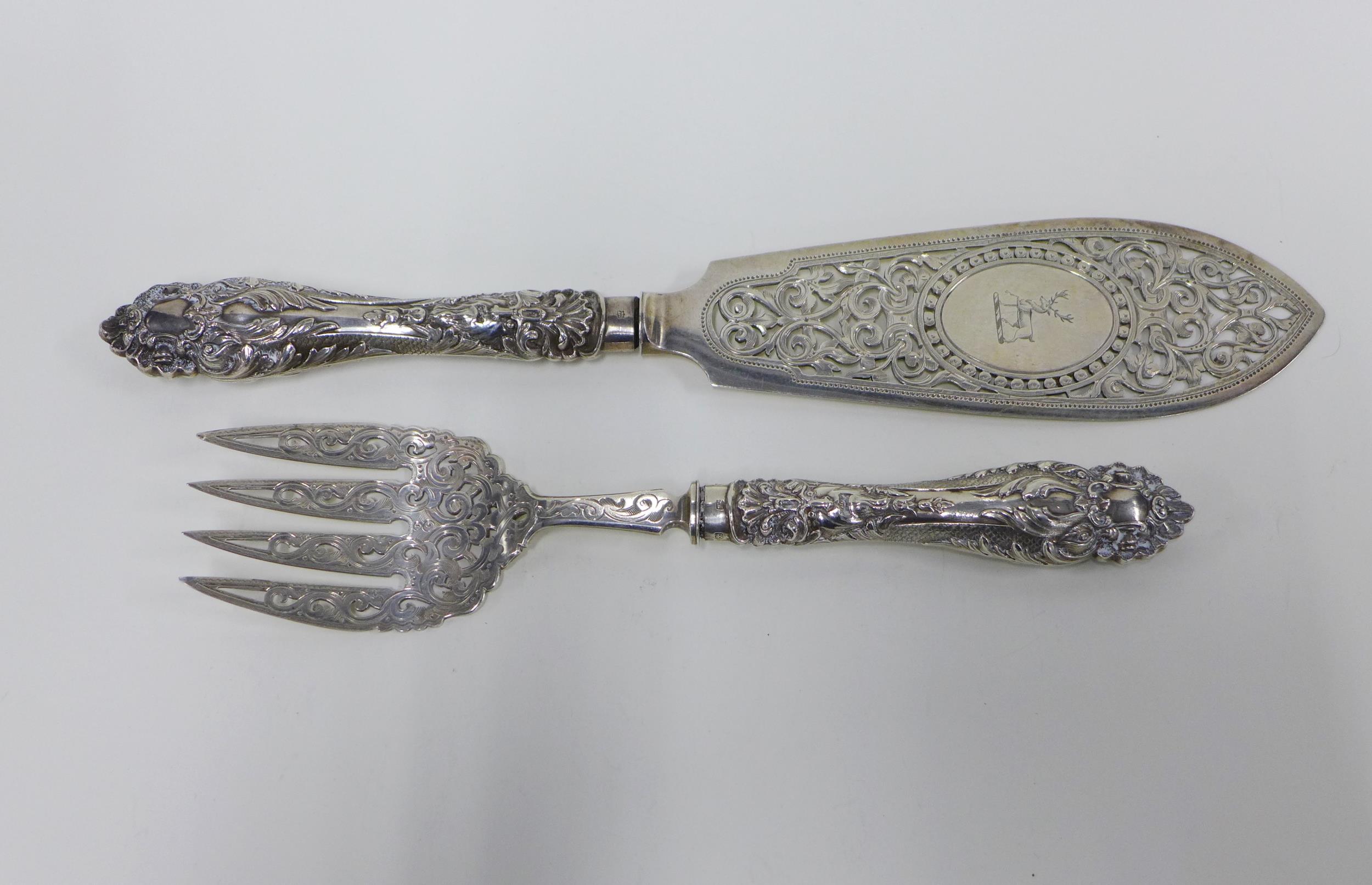 Victorian silver fish servers, Martin Hall & Co, Sheffield 1861, 36cm (2)