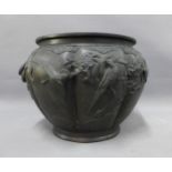 Large Japanese bronze planter of circular lobed form with birds and blossom pattern, 40cm diamter