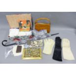 Vintage handbags, gloves, Schiaparelli umbrella, lace and scarves, etc (a lot)
