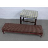 Blue and cream upholstered stool, 51 x 45cm, together with a long low tartan footstool, 107 x