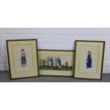 Three Chinese watercolour on pith paper painting depicting various figures, all framed under