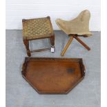 Stool with a wicker seat, 31 x 28cm, folding stool with hide seat and a tray with foliate pierced