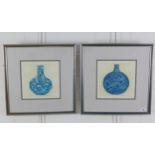 Luigi - a pair of coloured screen prints of Chinese blue and white vases, framed under glass and