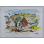 Ken Lochhead, 'Preston Mill', watercolour and ink, signed and framed under glass, 16 x 12cm