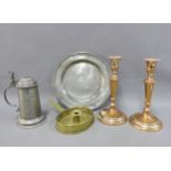 Mixed metal wares to include a pewter tankard and plate, brass chamber stick, silver plate on copper