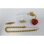 15ct gold RFC bar brooch, 9ct gold necklace with heart shaped pendant, 9ct gold citrine stud