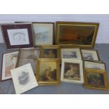 Carton containing a large collection of framed artworks to include reproduction oil paintings,