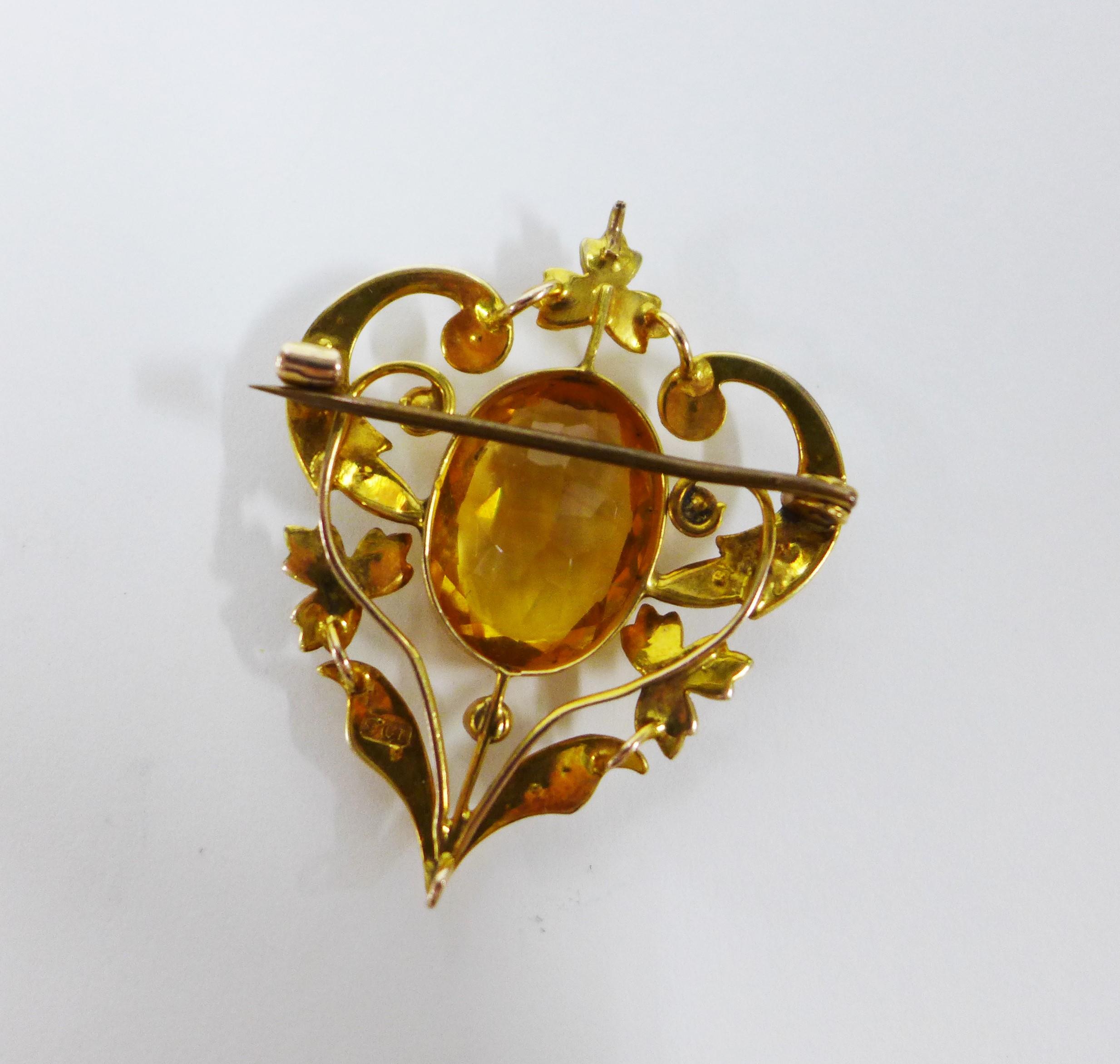 9ct gold seed pearl and citrine brooch, 4cm - Image 2 of 2