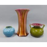 Wardle art pottery vase, small Victorian Aesthetic period cauldron and a Japanese miniature vase,