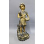 Early 20th century painted plaster figure of a girl with a basket of fruit, 41cm