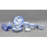 Blue and white chinoiserie pottery and porcelains to include rice grain cups, rouge pot, etc (a lot)