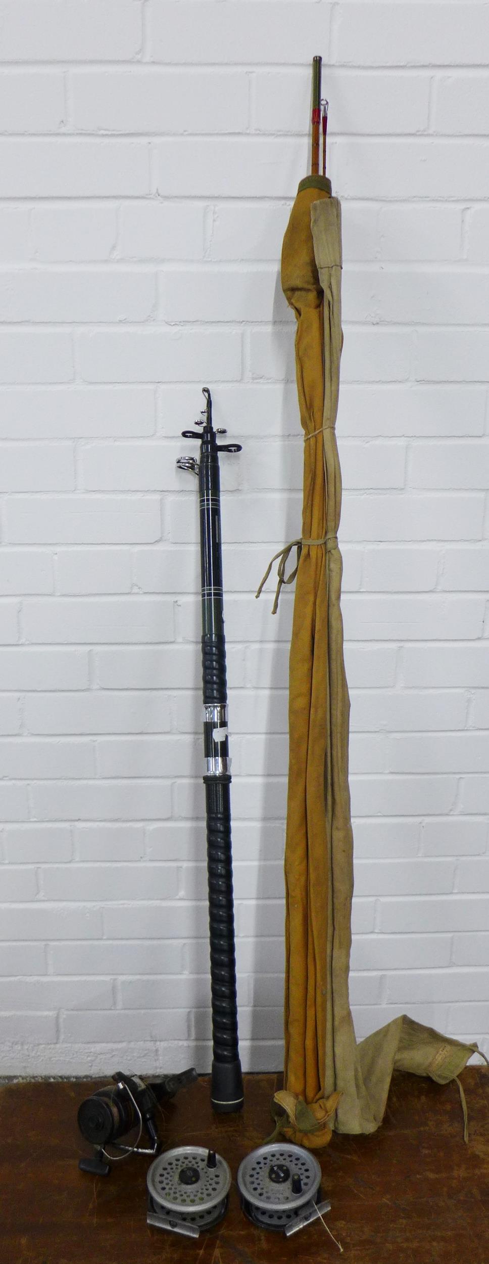 Shakespeare 1081 - 530 fishing rod, split cane rod, two fishing reels, etc (a lot)