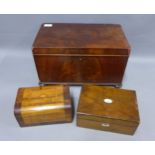 19th century mahogany box, rectangular hinged lid, paper lined interior and raised on four bun feet,