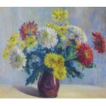 Still life of chrysanthemums, oil on board, signed with a monogram, 60 x 50cm