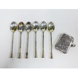 Edwardian silver vesta case, Birmingham 1901, and a set of six Sheffield silver teaspoons, (7)