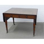19th century mahogany and boxwood strung table, D-end drop leaf top with gadrooned edge, with two