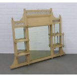 Late 19th / early 20th century painted wood overmantle mirror, with fretwork and shelves, 148 x