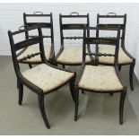 Set of five Regency ebonised chairs with inlaid brass details, the toprails with brass handles 47