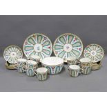 English porcelain part tea set, blue and white panels with hand painted floral sprays, comprising 12