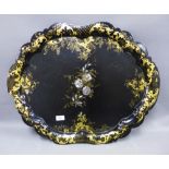 Victorian Jennens & Bettridge black lacquered papier mache tray with abalone flowers and gilt