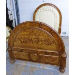 Pitch pine double bed frame, with arched and padded headboard and smaller footboard, with side rails