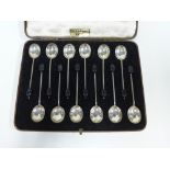 Set of twelve silver coffee bean handled spoons, Sheffield 1960, in a fitted box, (12)